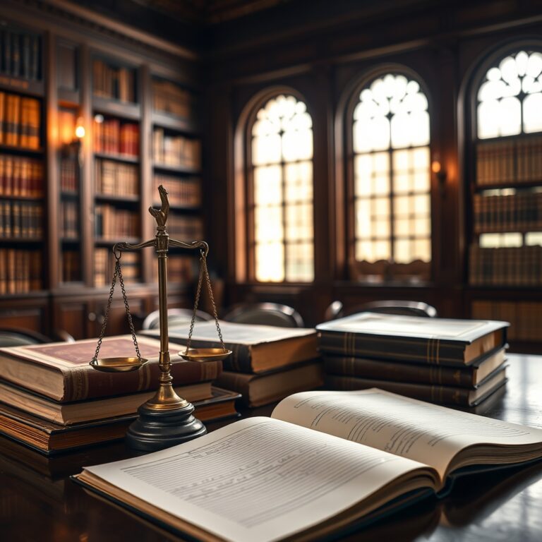Imagem ilustrativa de uma balança de justiça, livros e caderno de estudos.
