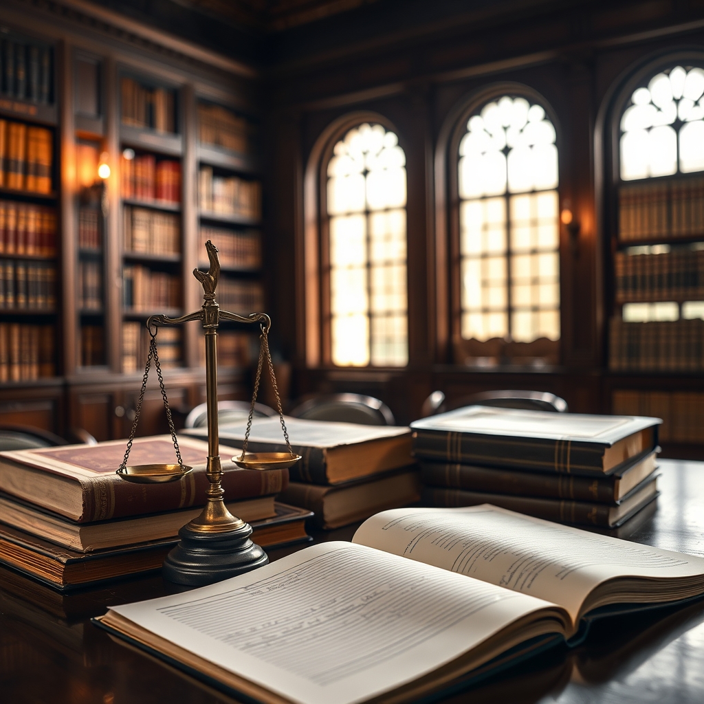 Imagem ilustrativa de uma balança de justiça, livros e caderno de estudos.